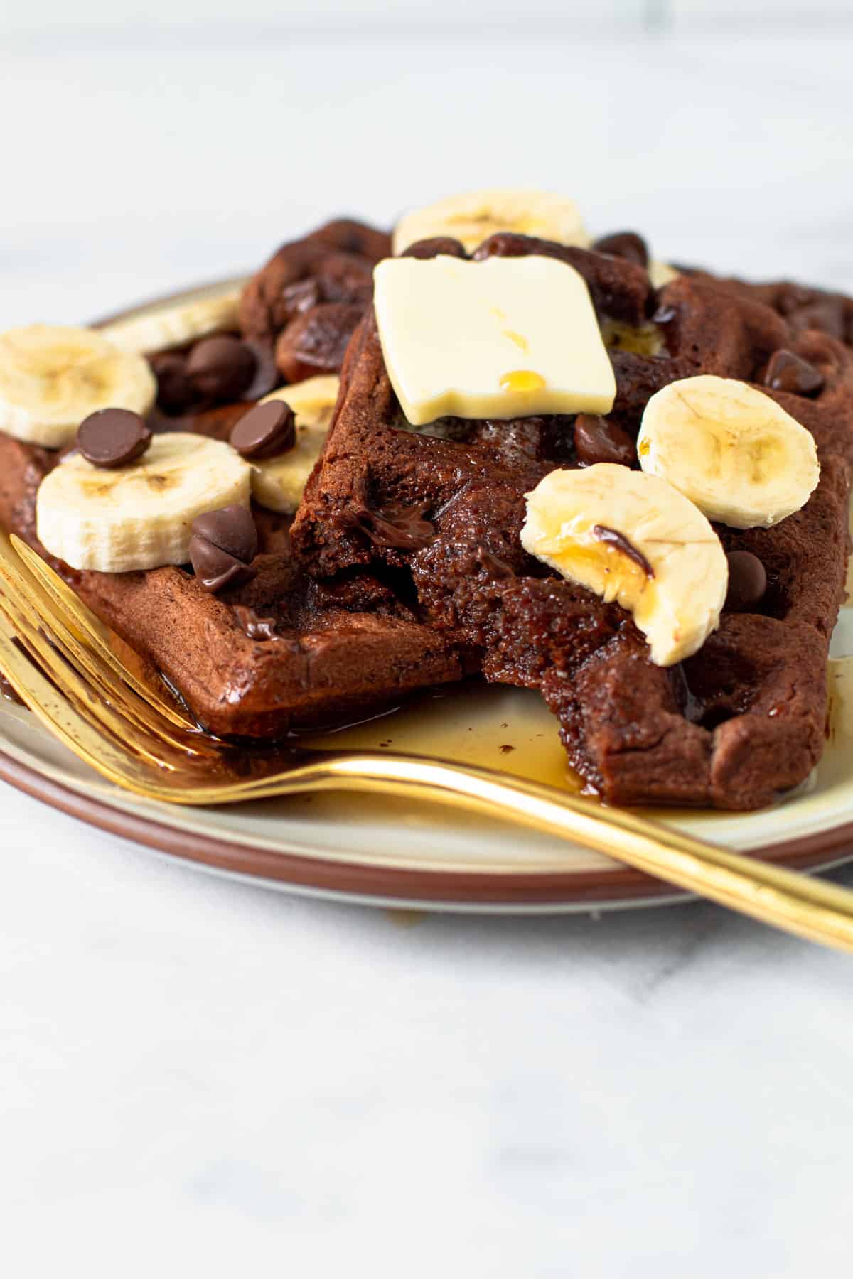 Double chocolate banana waffles.