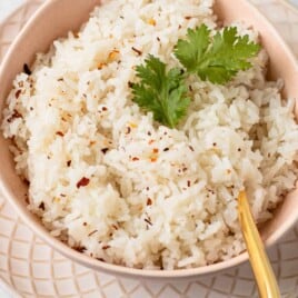Coconut rice in a bowl with a piece of cilantro.