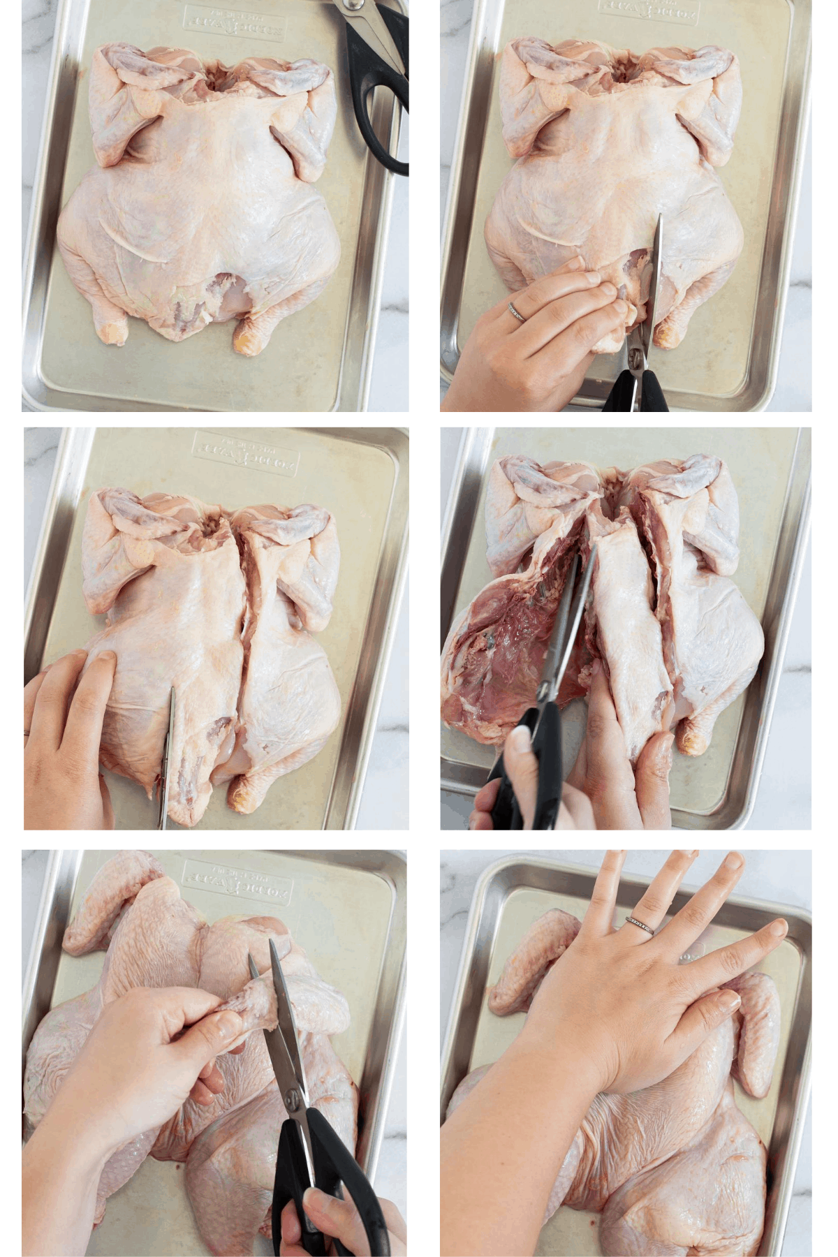 Step by step photos for how to make a spatchcock chicken.