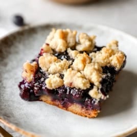 A blueberry crumb bar on a plate.