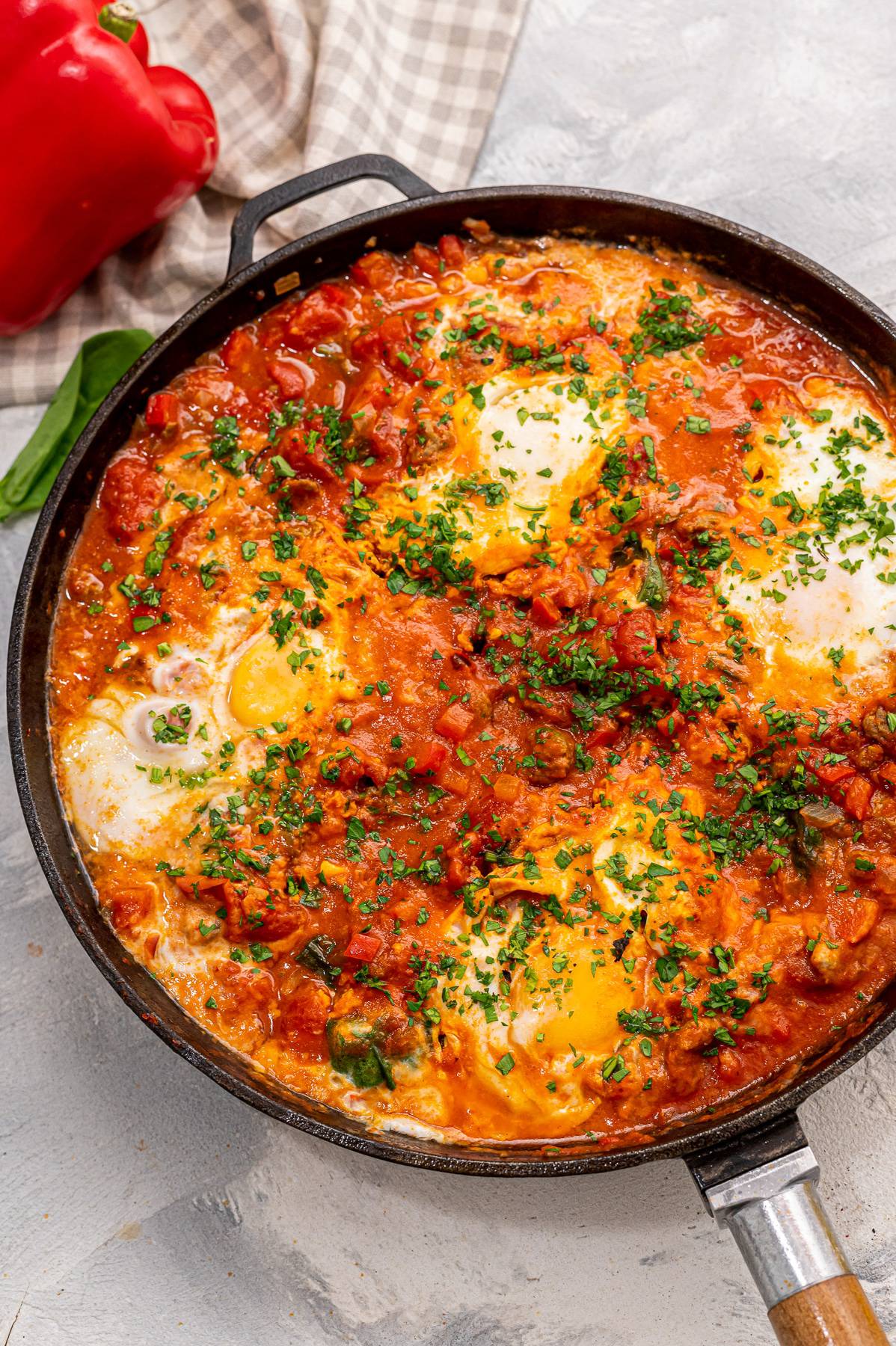 overhead of shakshuka in a skillet.