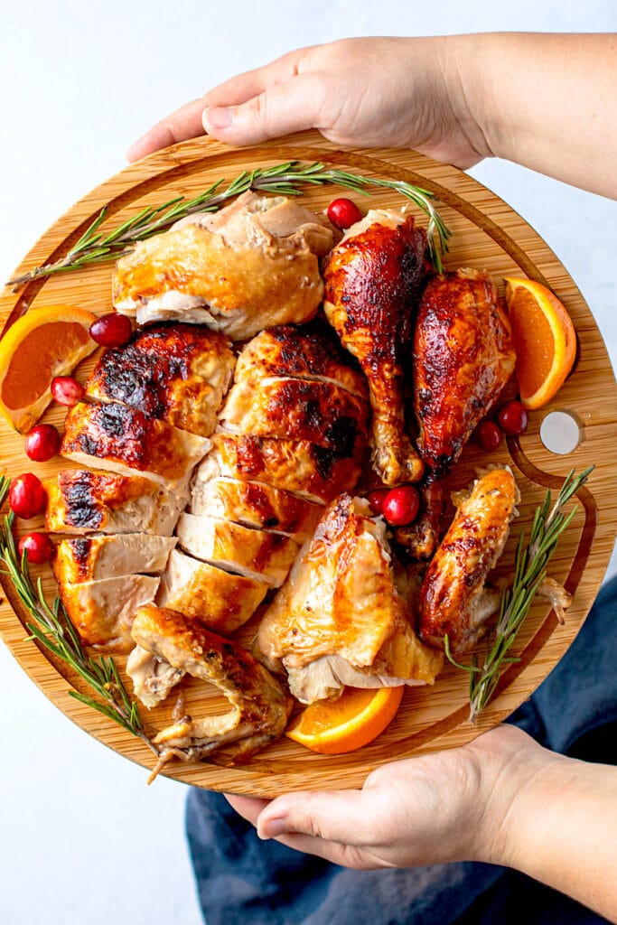 A cut up holiday roasted chicken.