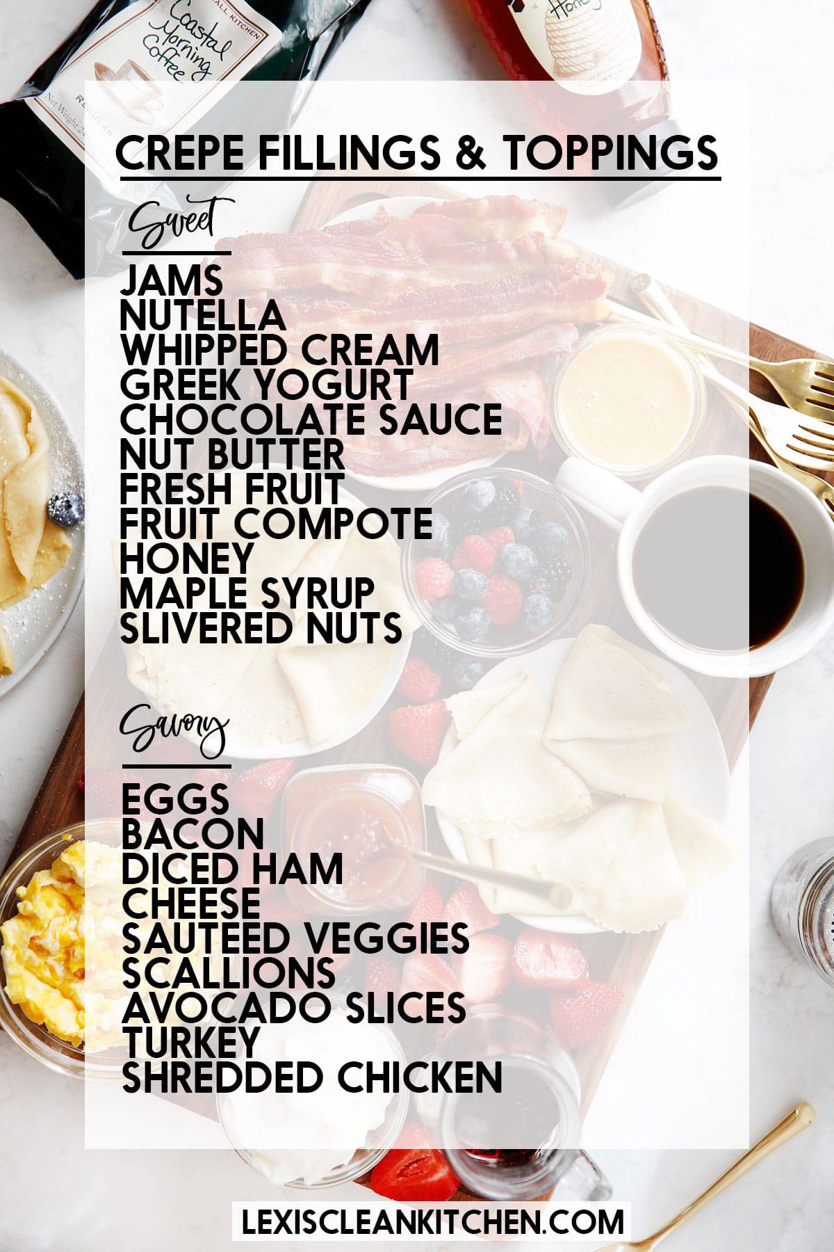 A graphic of gluten-free crepe fillings and toppings.