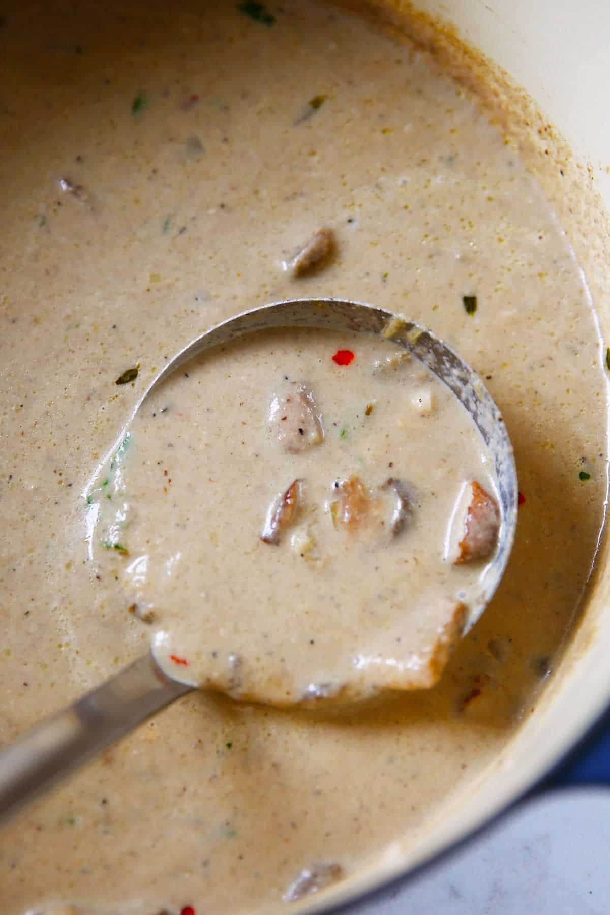 Up close picture of healthier cream of mushroom soup 