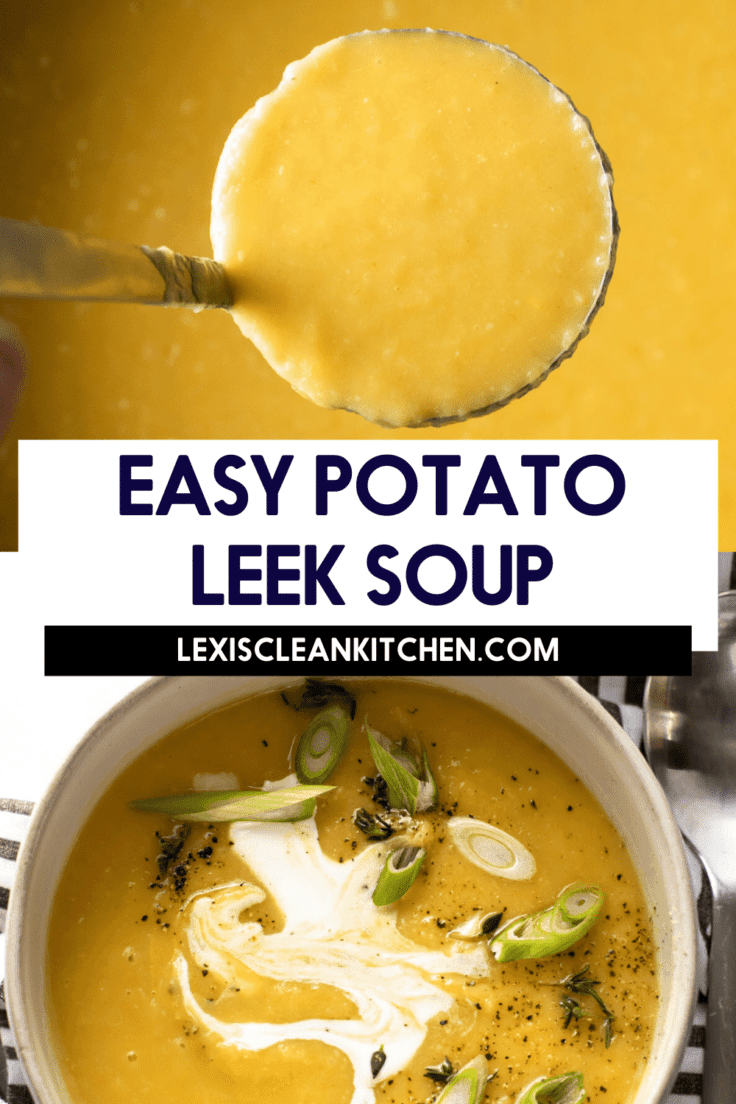 Potato leek soup in a ladle and in a bowl with toppings.