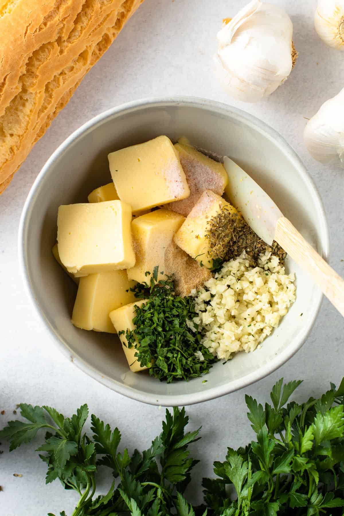 Ingredients for garlic bread.