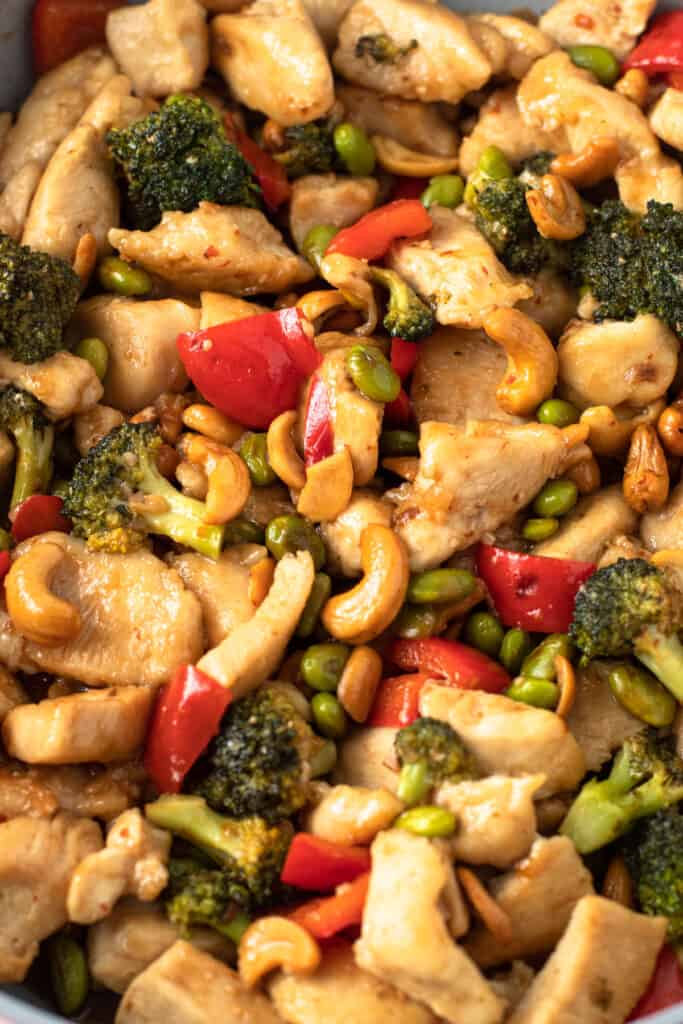 Paleo cashew chicken with broccoli and red pepper.