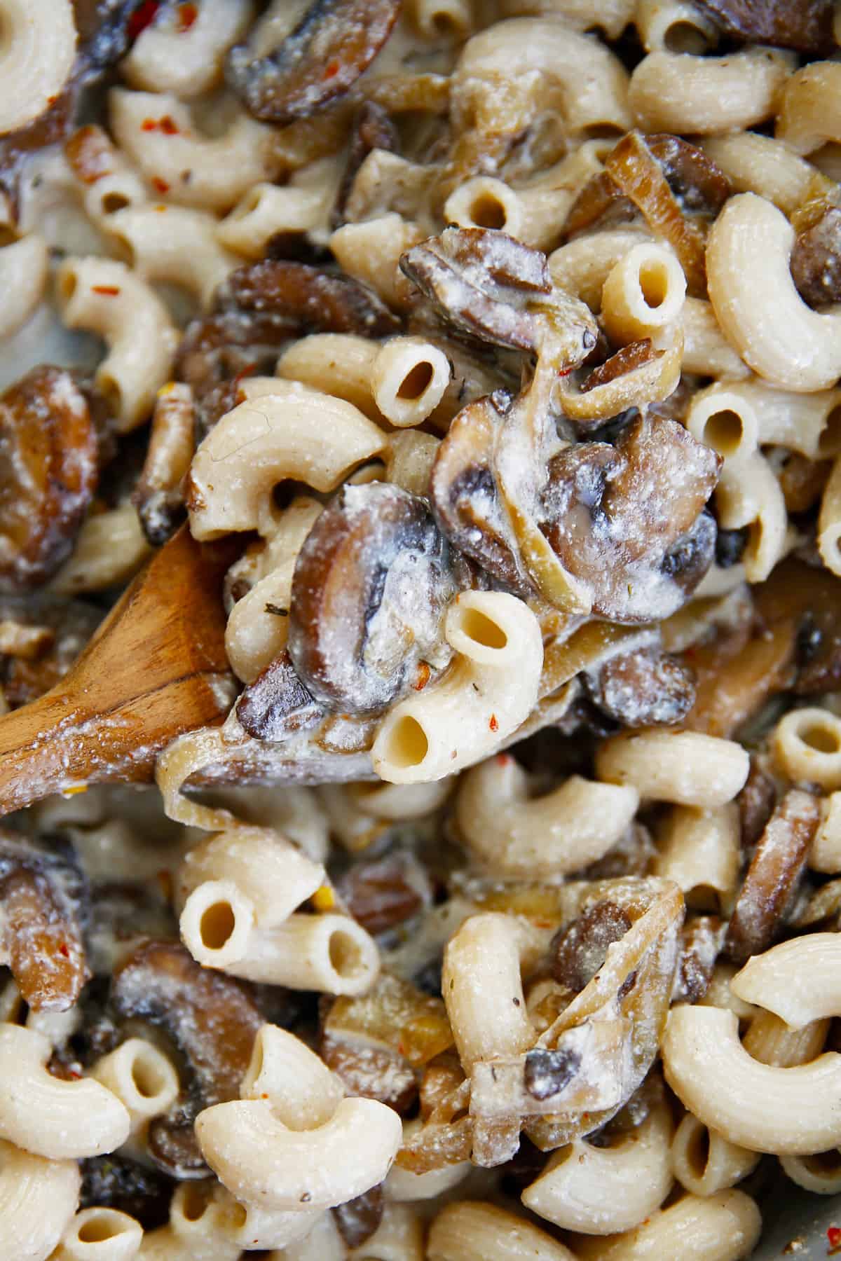 Creamy Mushroom Ricotta Pasta in skillet up close