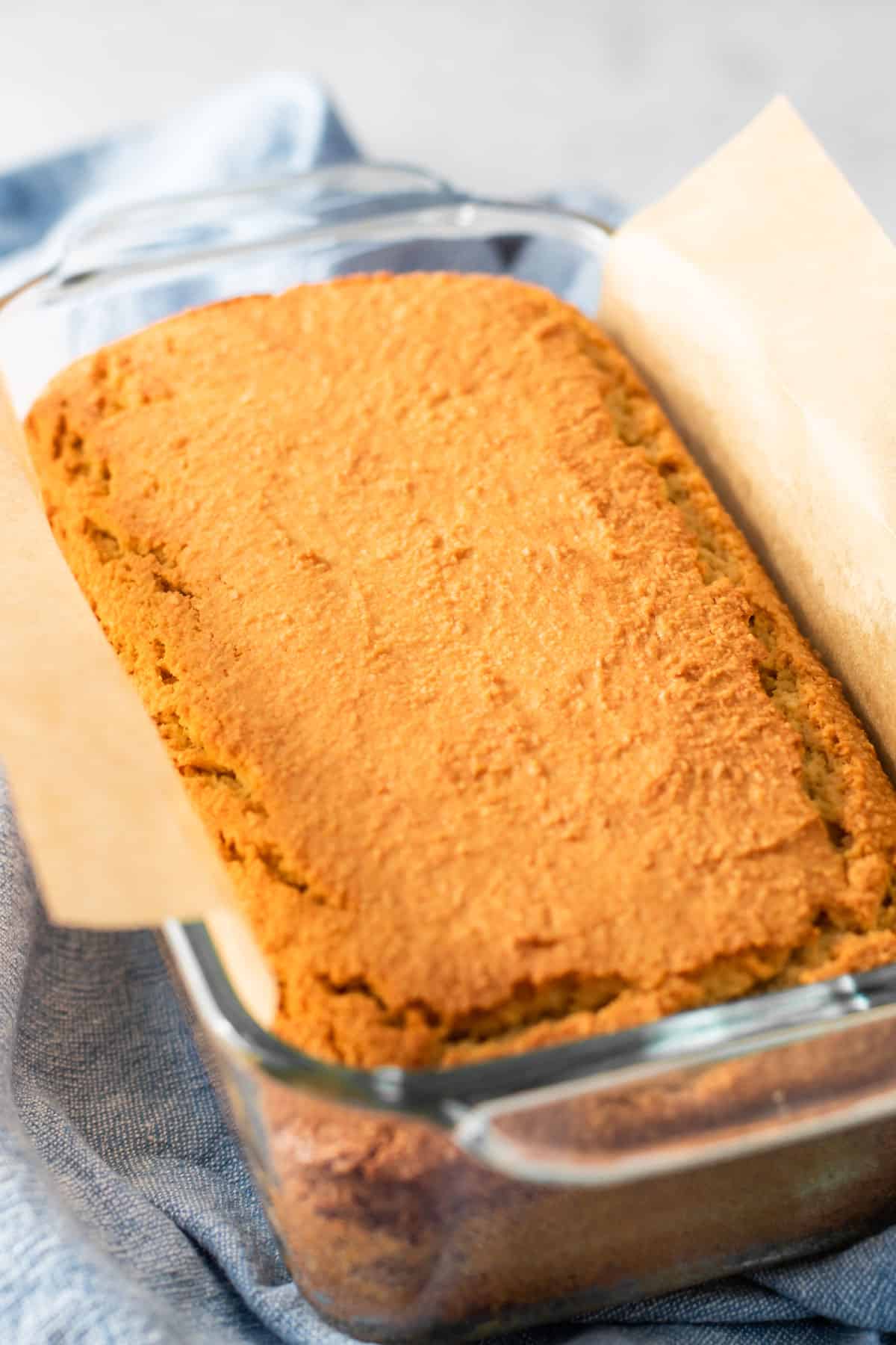 Gluten free pound cake in a loaf pan.