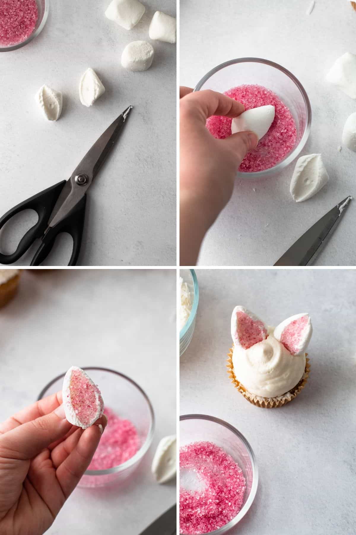 The steps for making bunny cupcakes.