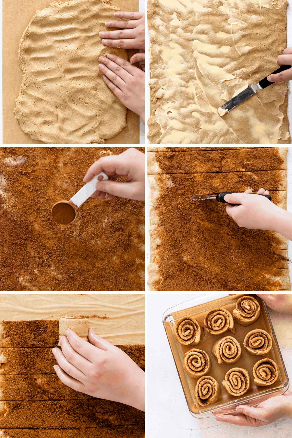 Rolling gluten-free cinnamon rolls.