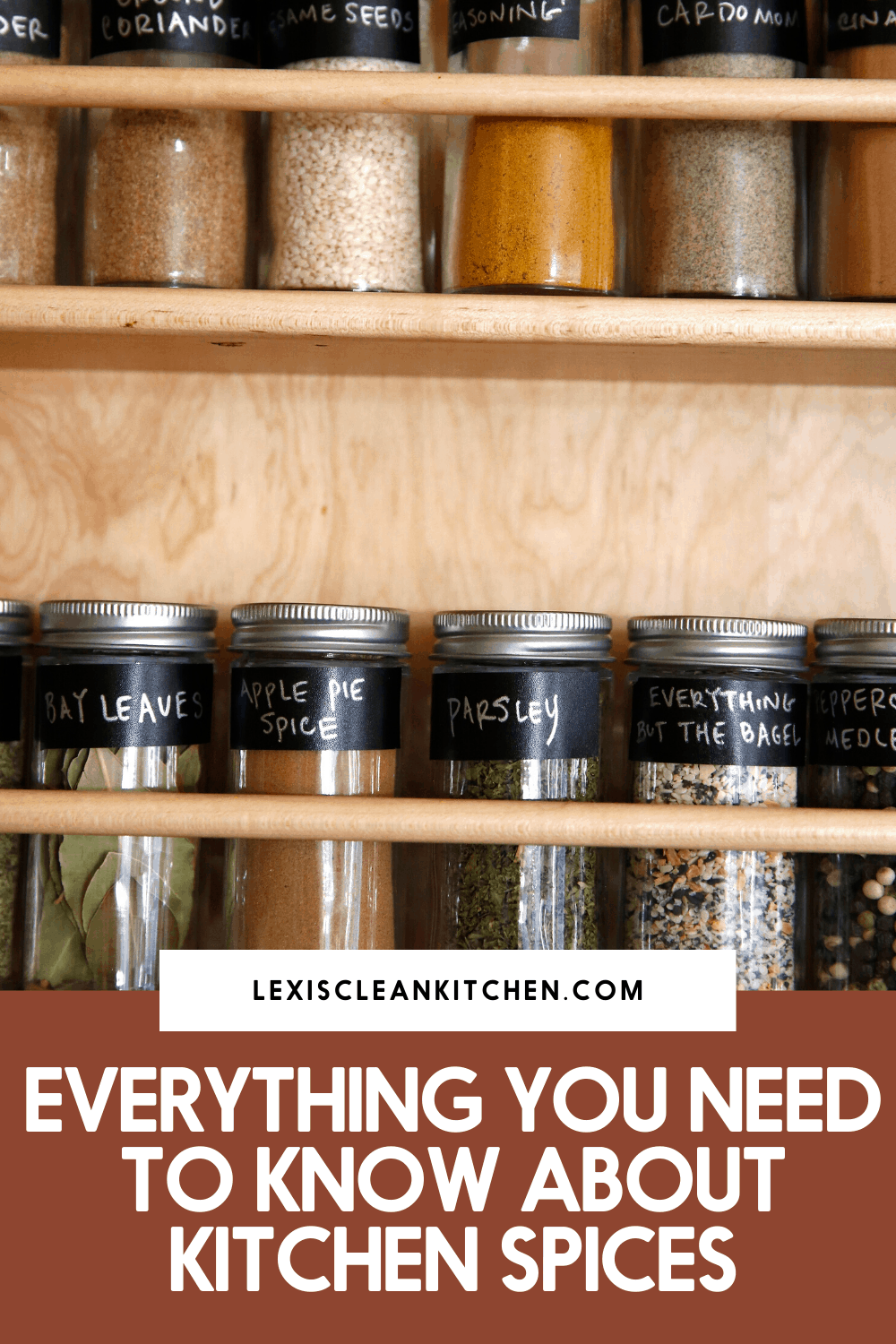 A cabinet full of labeled spices.