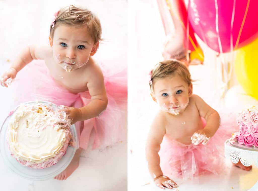 Baby girl smashing a cake.