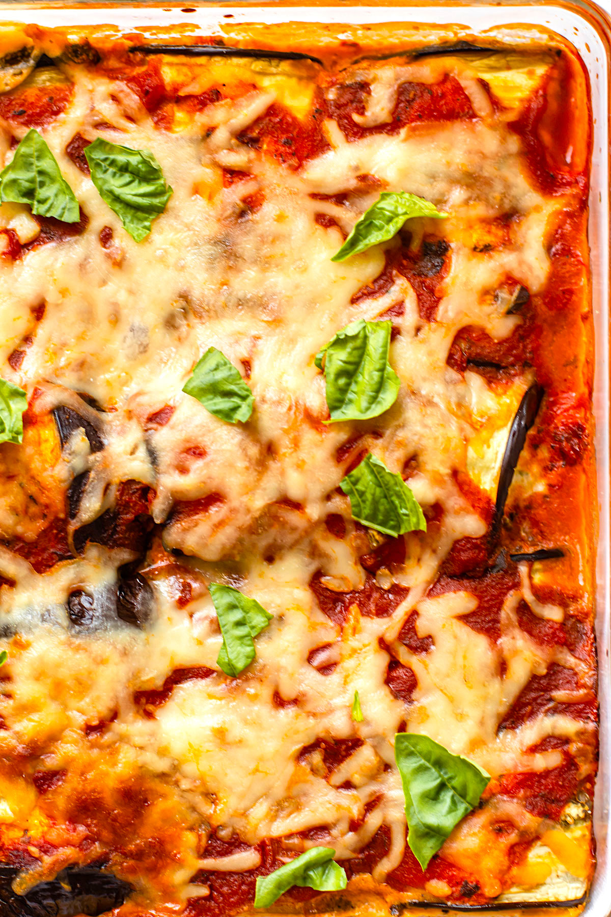 Eggplant rollatini bake with melty cheese and basil.