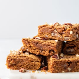 A stack of gluten-free pumpkin spice blondies.