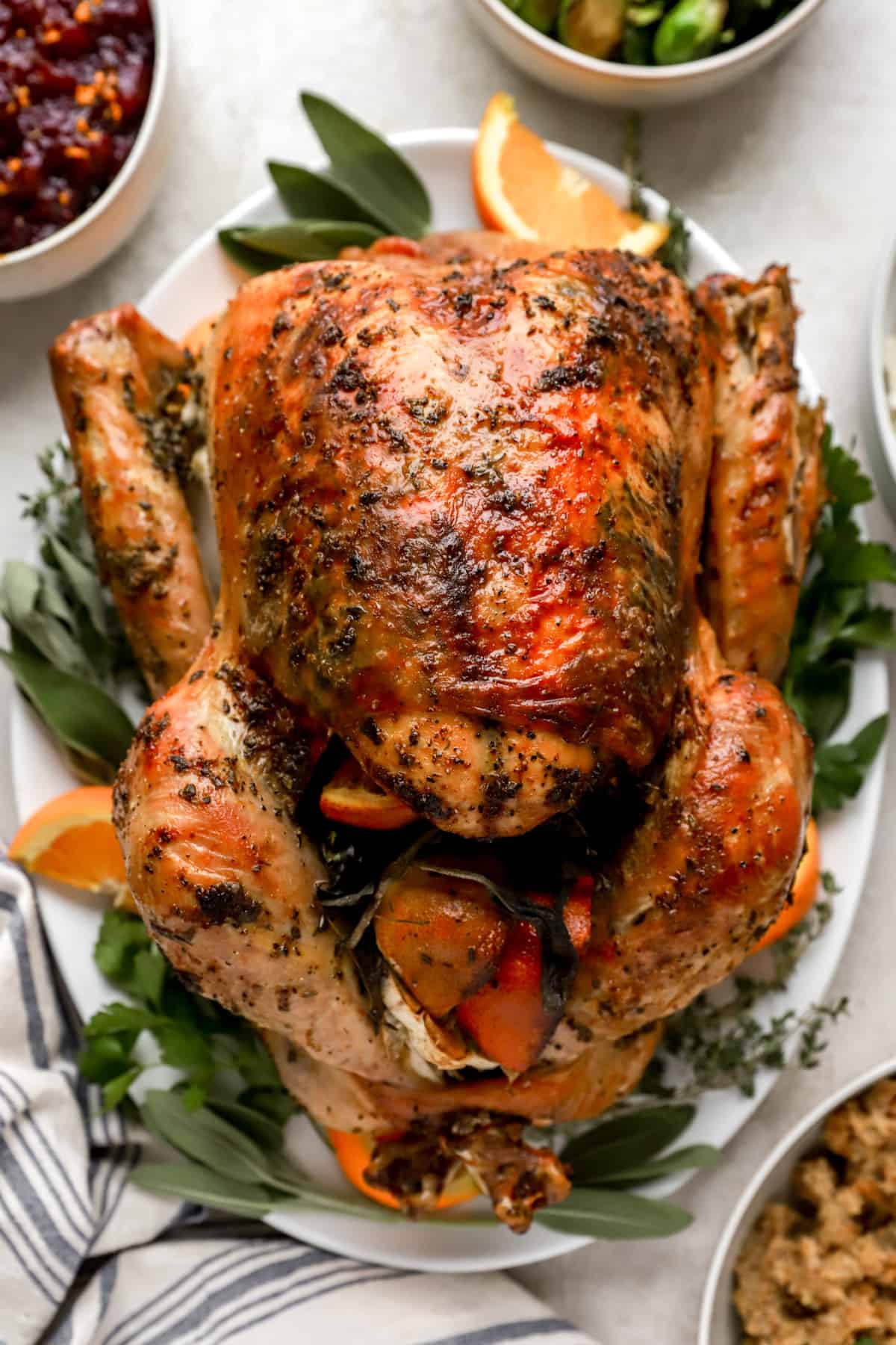 above image of a whole roast turkey on a platter.