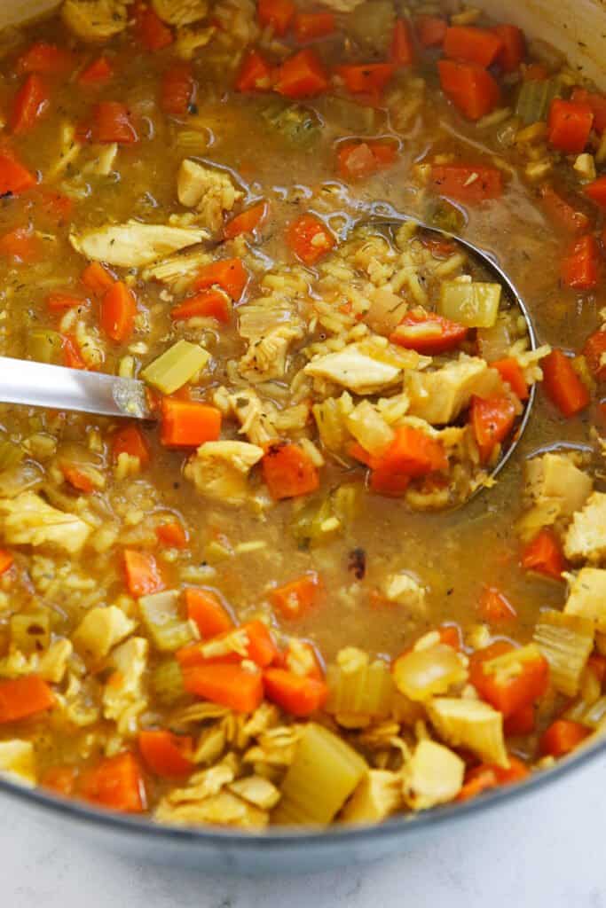 a pot of chicken soup with rice