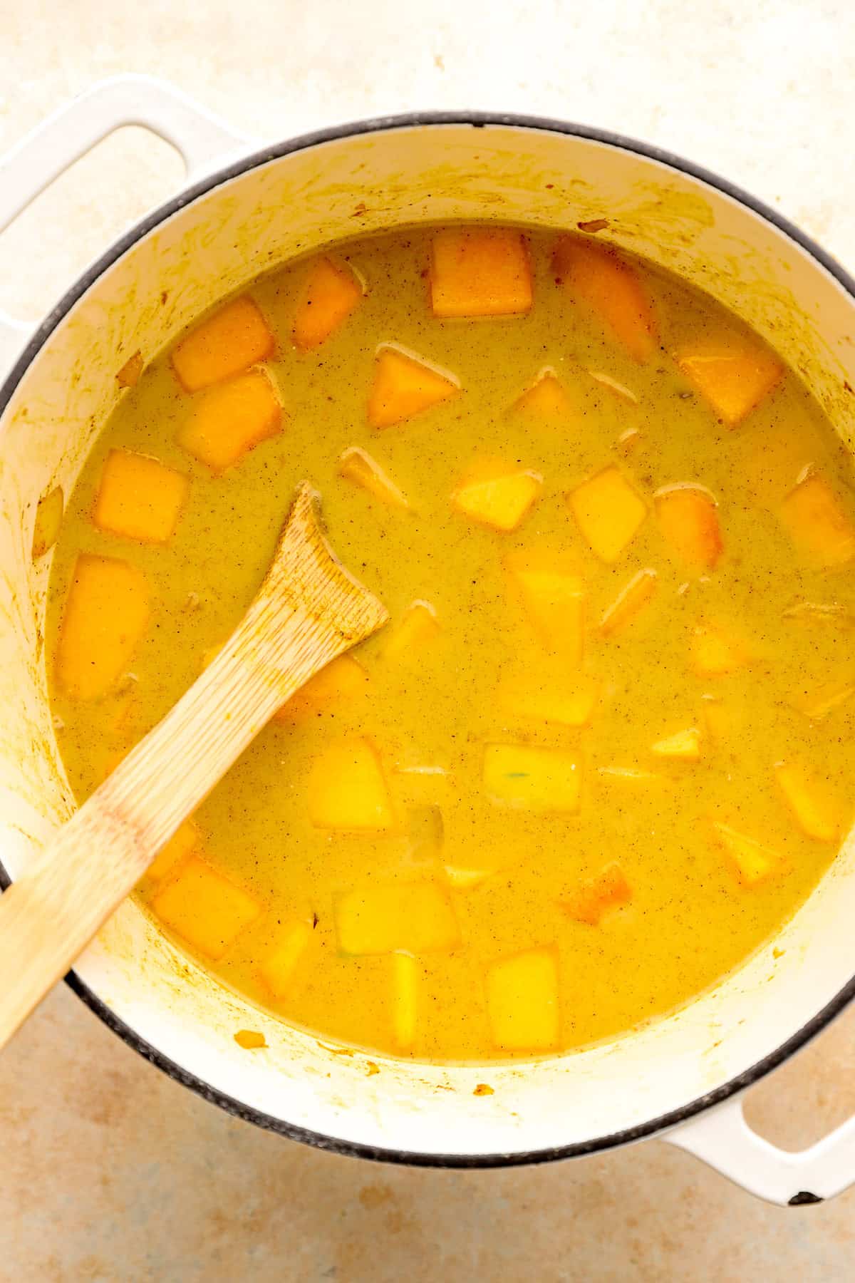 Dutch oven with squash and aromatics with coconut milk and stock of choice.