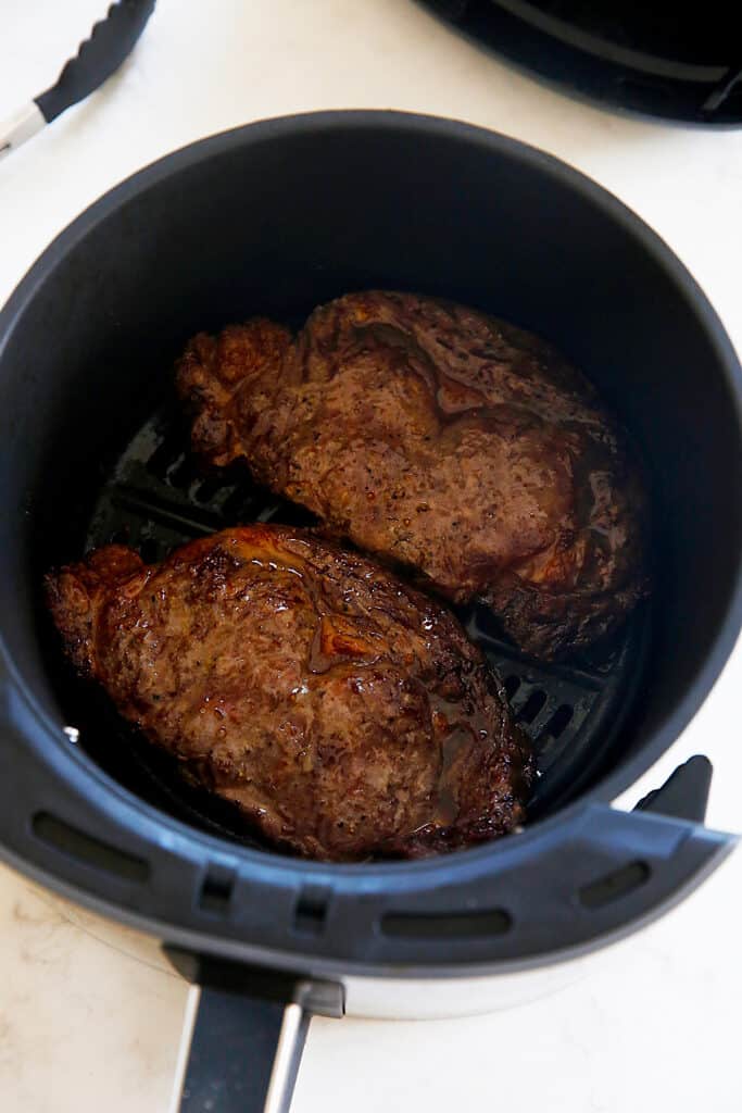Cooked steak in air fryer