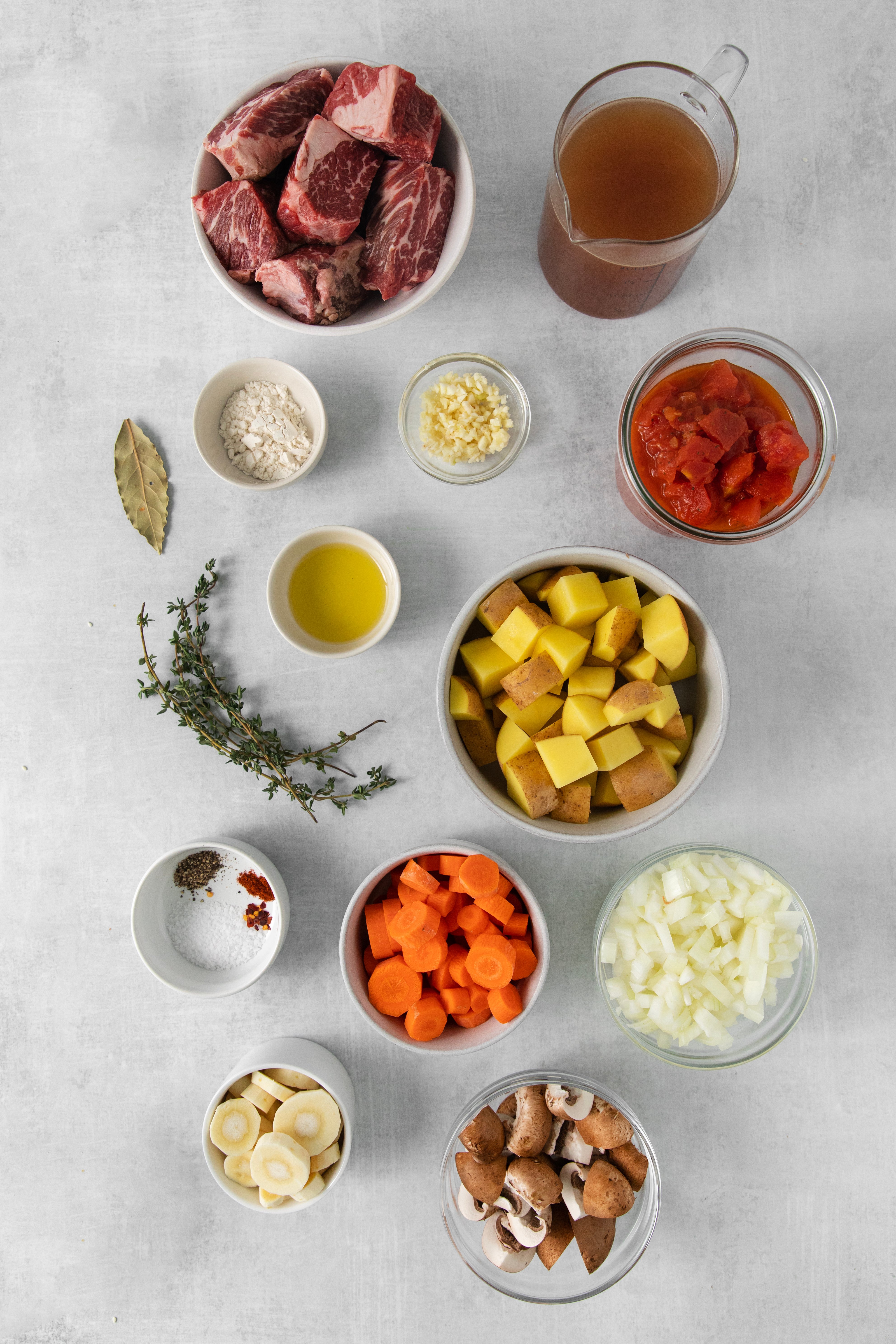 overhead of crock pot beef stew ingredients.