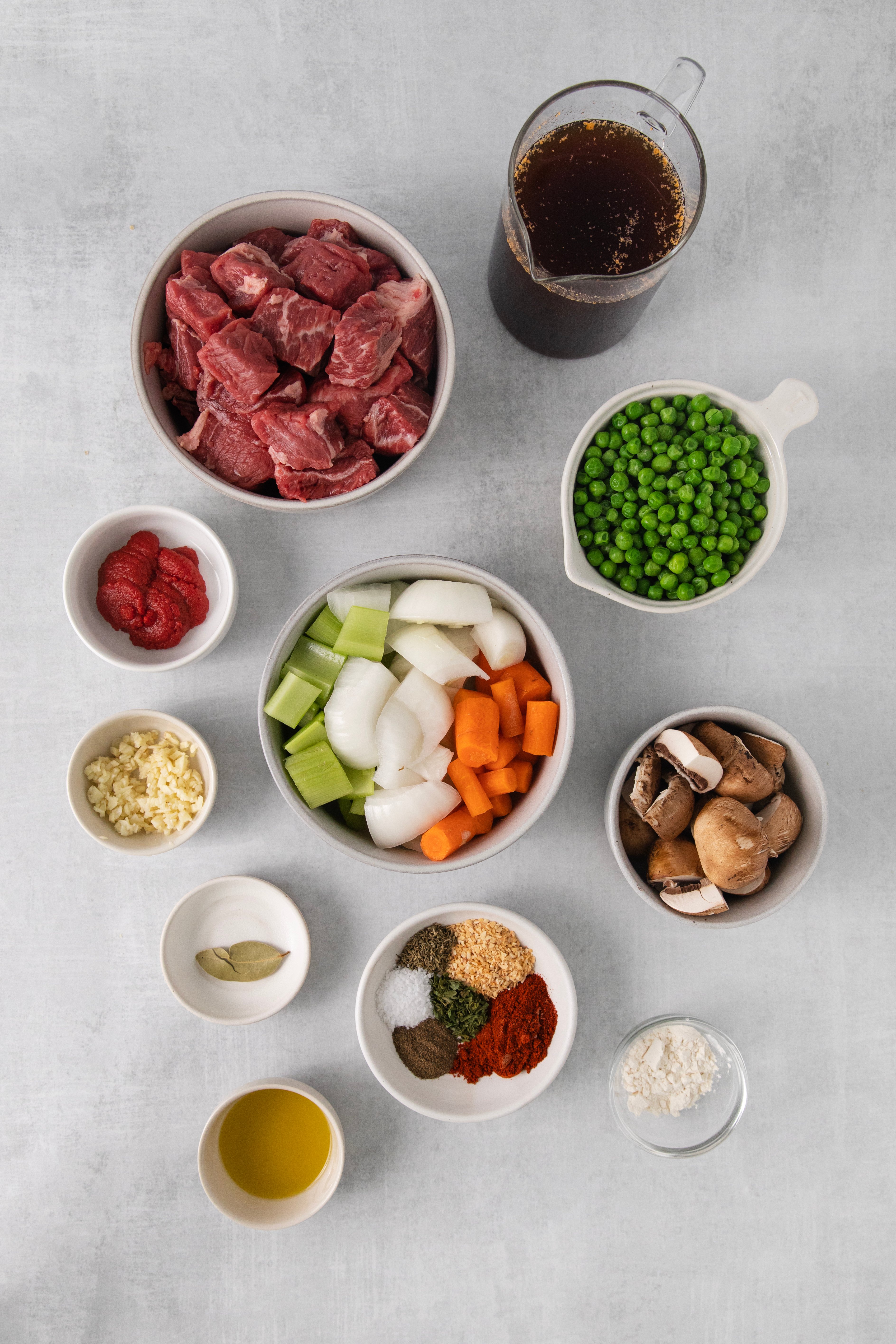 beef stew ingredients on the counter.