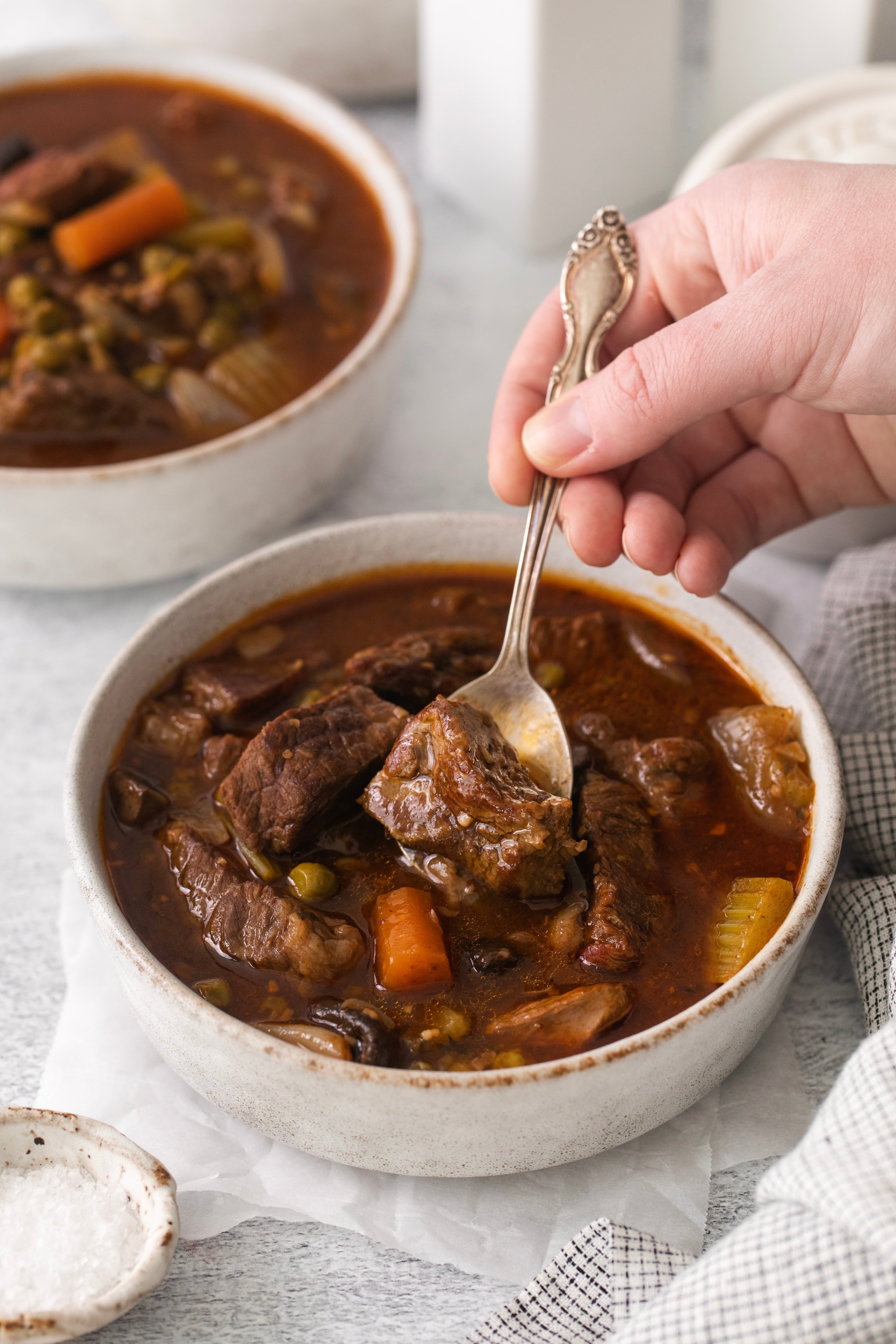 a spoon being dipped into a bowl of beef stew.