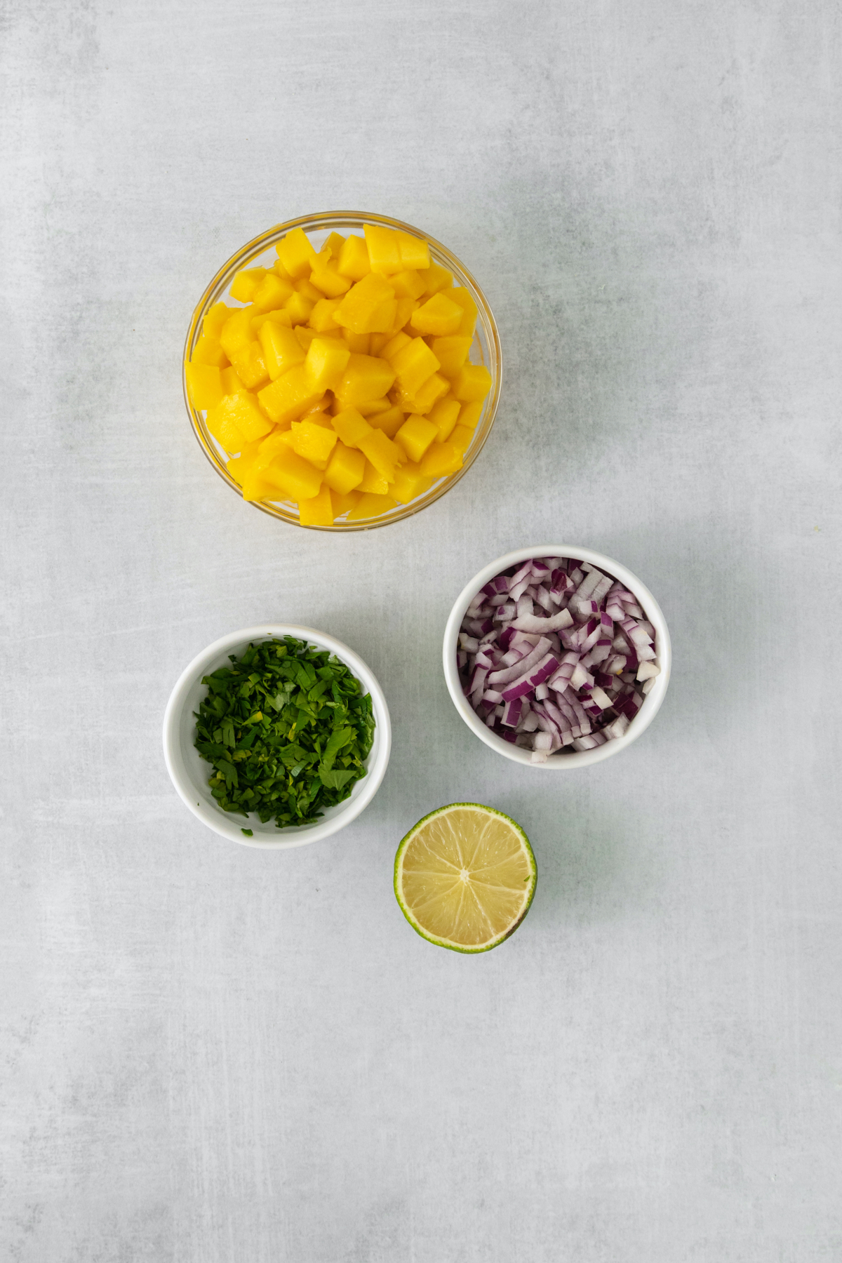 overhead of mango salsa ingredients.