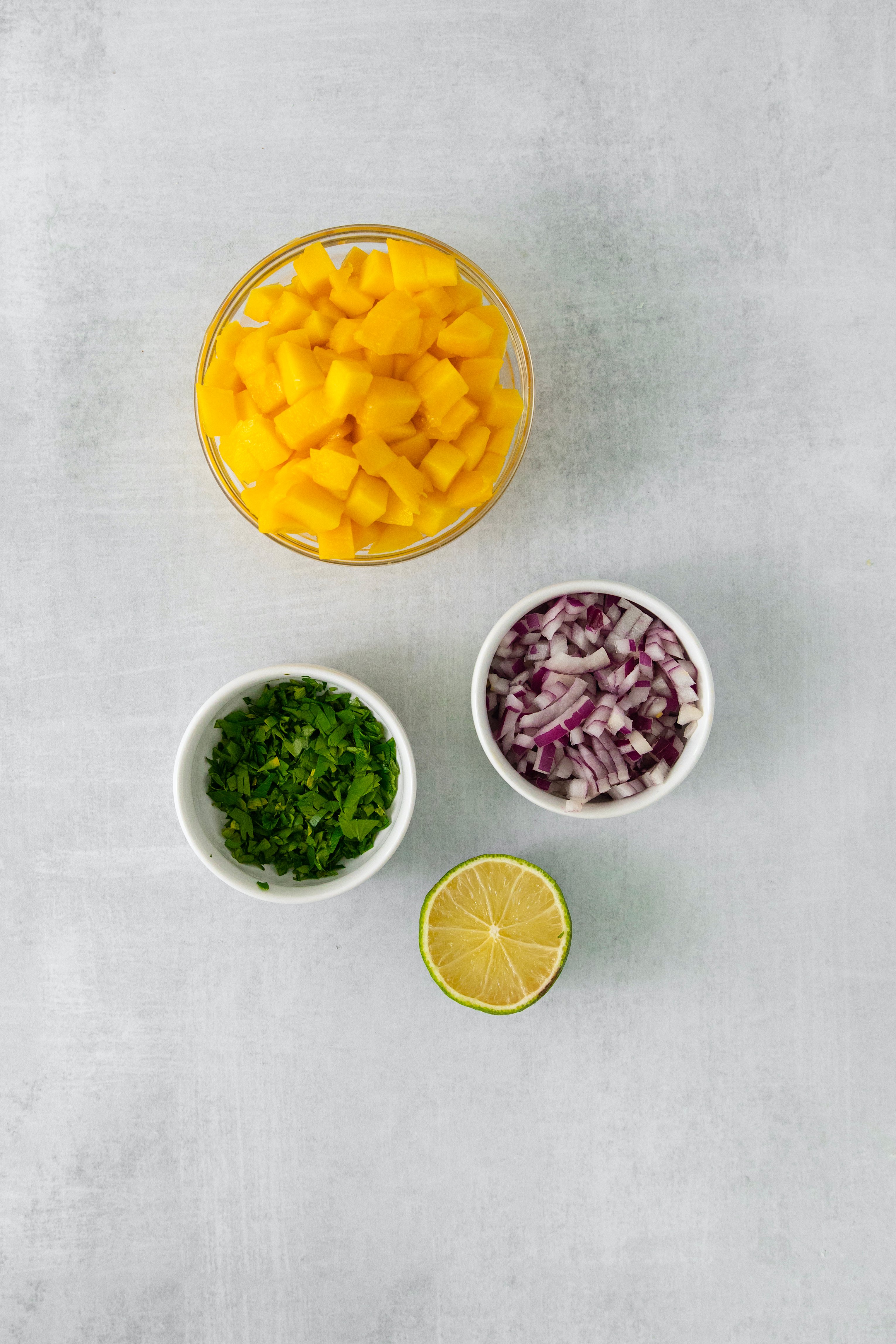 overhead of mango salsa ingredients.