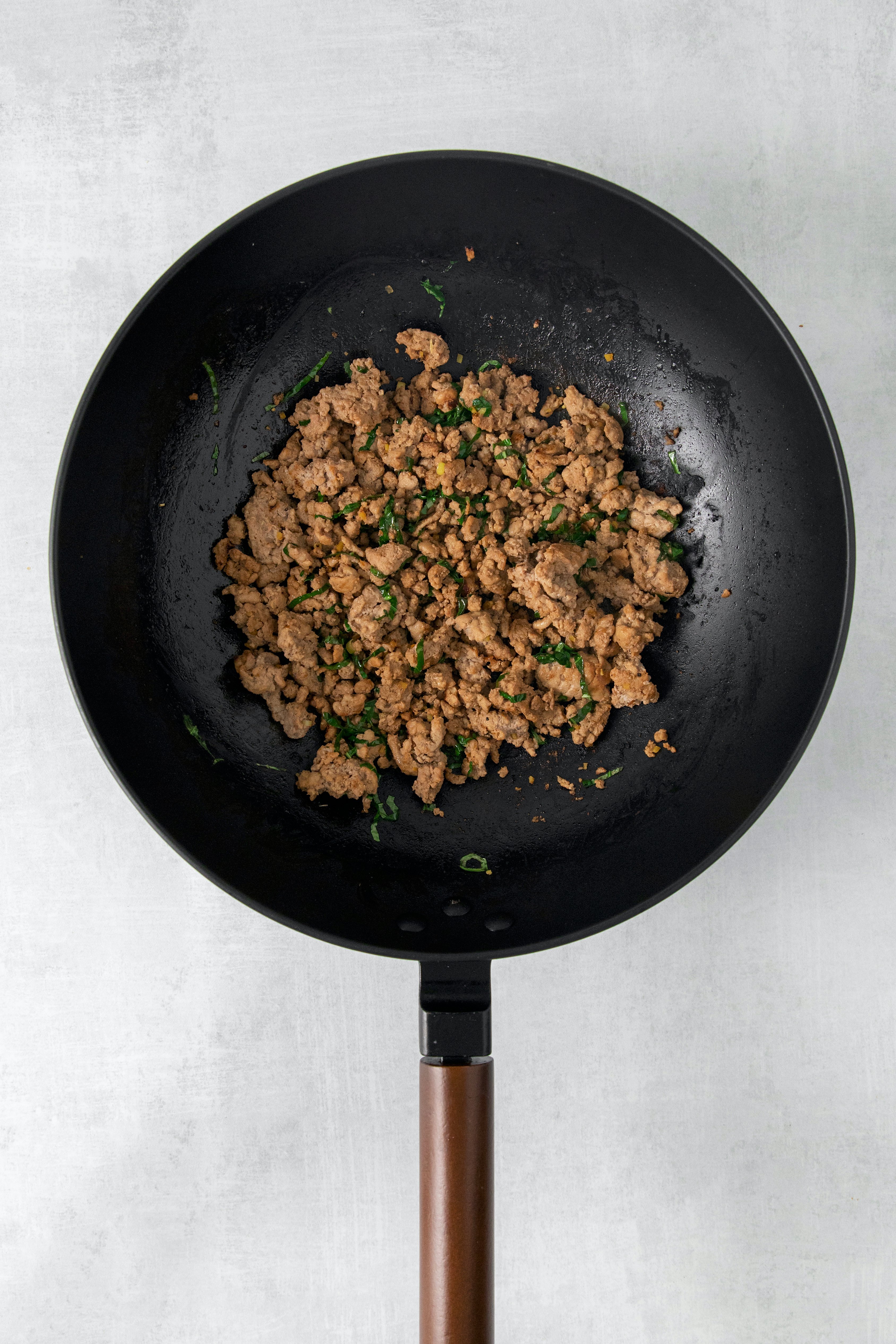 cooked ground turkey in a pan.