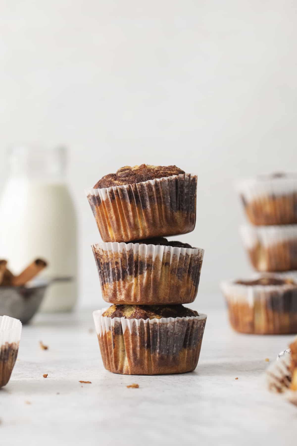 meal train idea: three healthy banana muffins stacked.