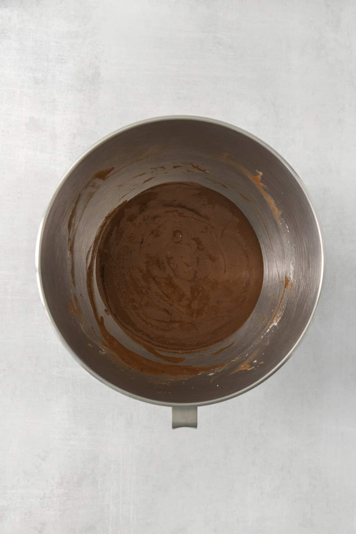a mixing bowl with mousse from above.