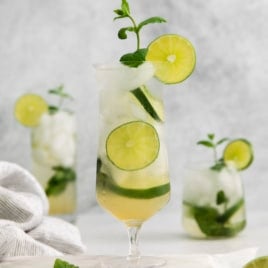 a mojito in a glass with garnishes.