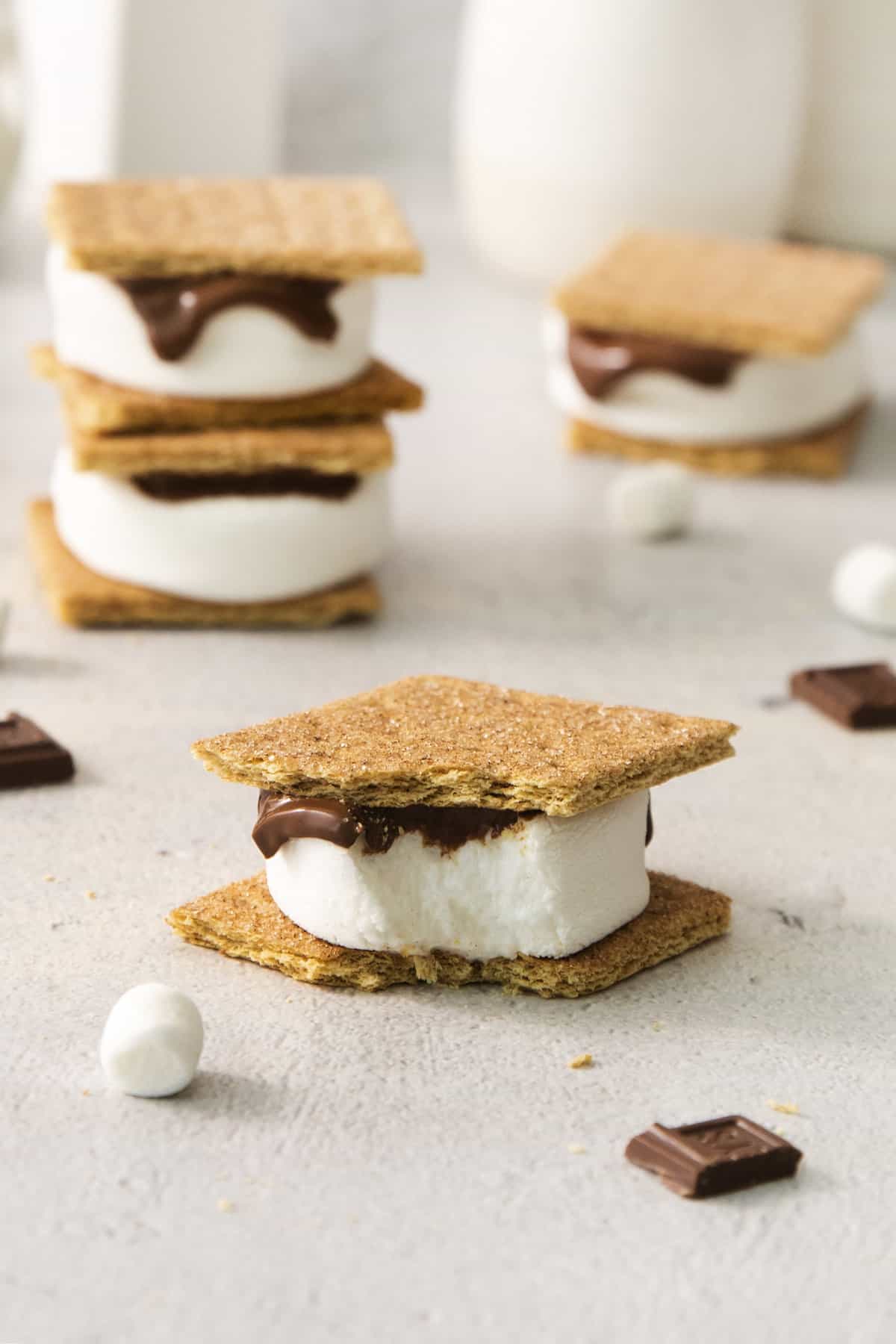 assembled s'mores on a counter.