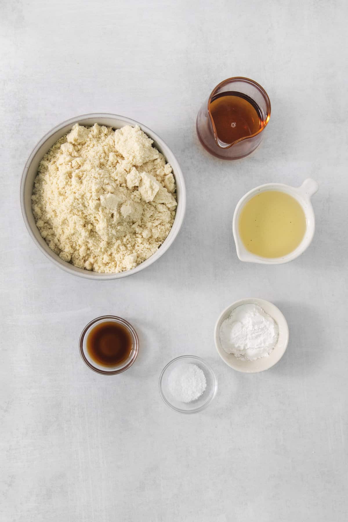 overhead of cherry pie bar ingredients in separate dishes.