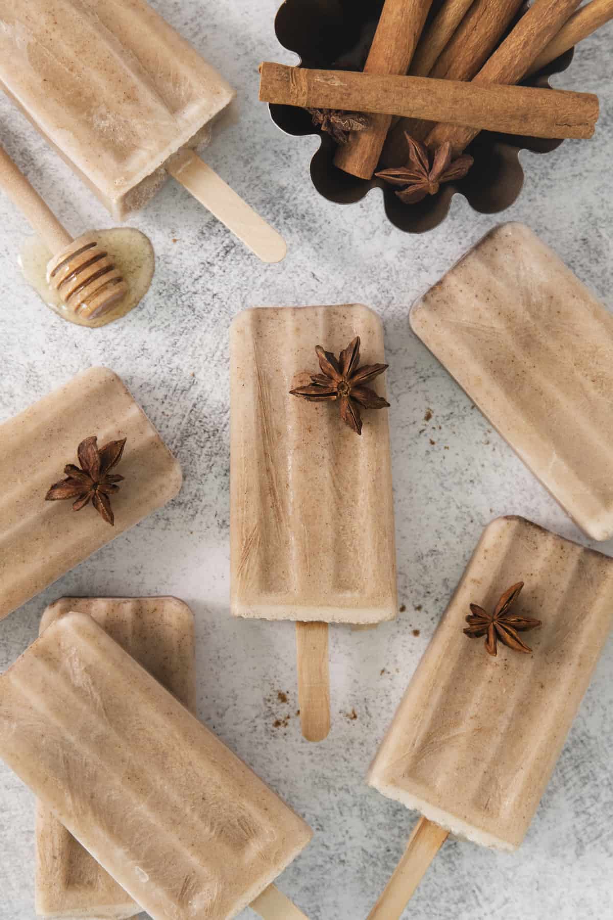 overhead of chai popsicles laying on a counter.
