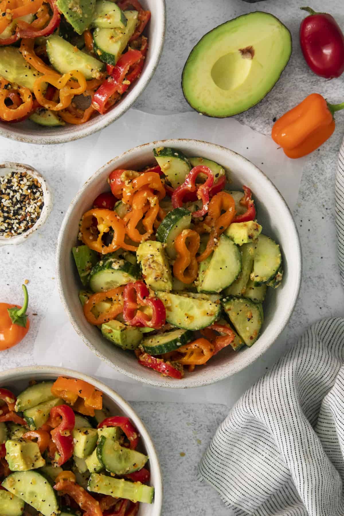 finished cucumber sweet pepper salad in a bowl.