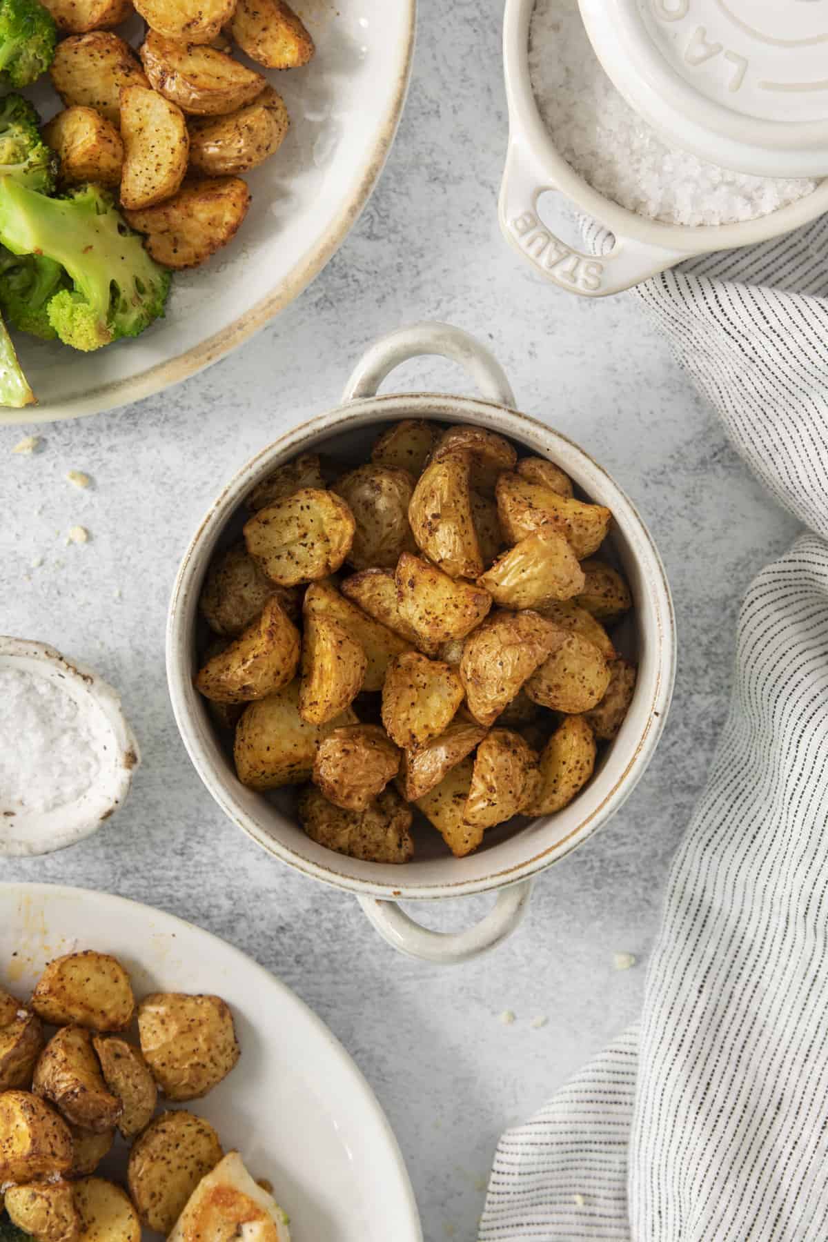 overhead of a bowl of air fryer roast potatoes.