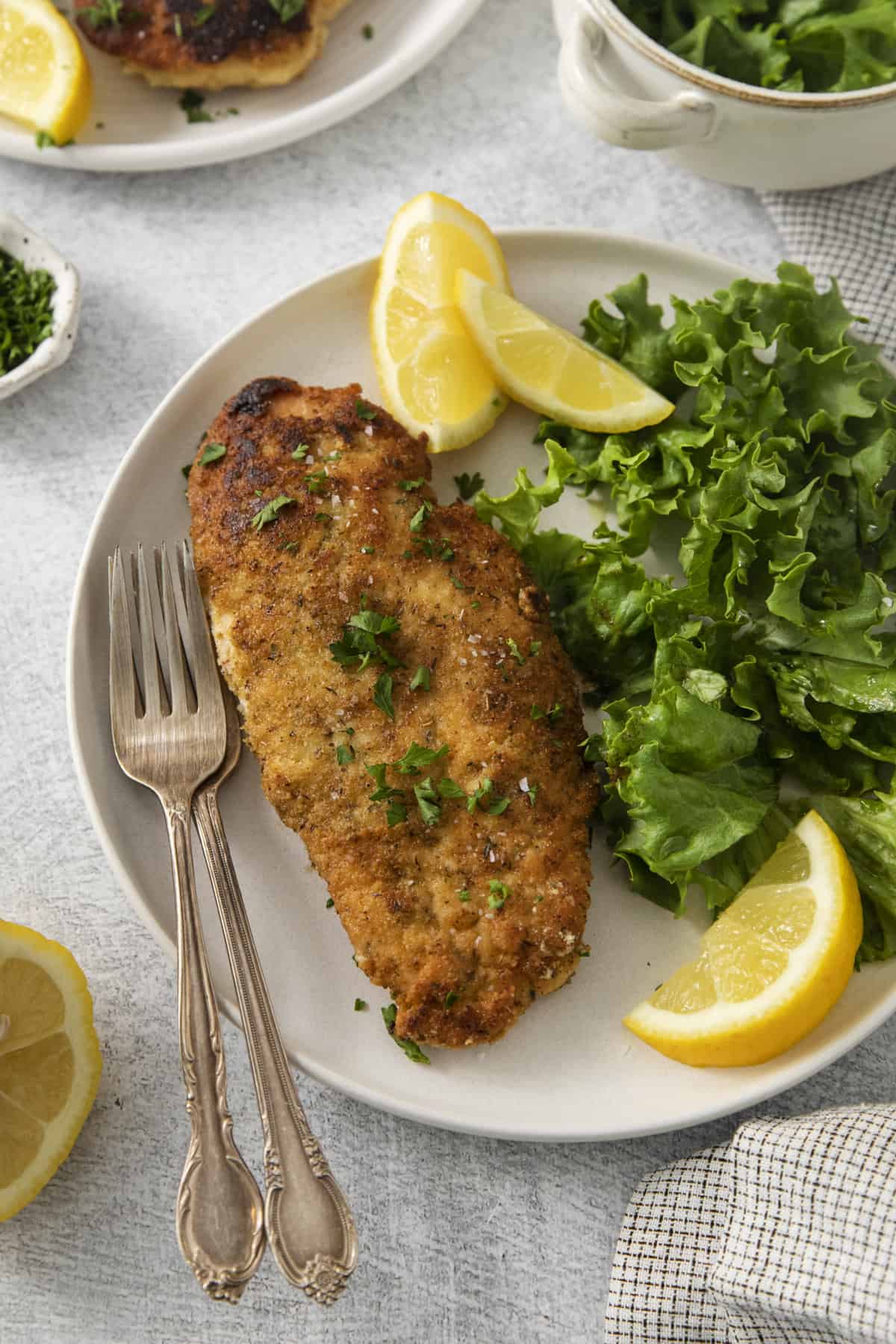 overhead image of a chicken cutlet on a plate with a side salad and lemon wedges.