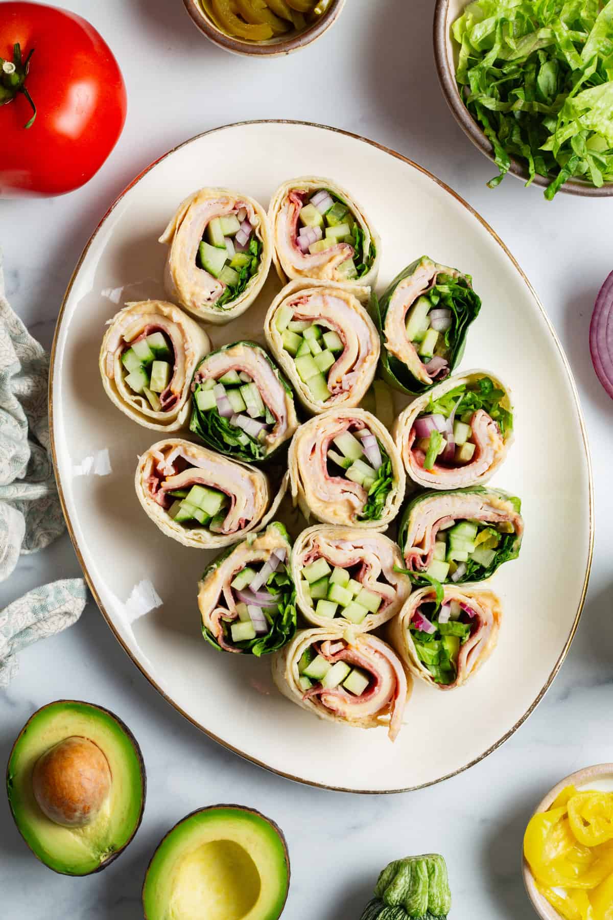 lunch pinwheels on a platter. 