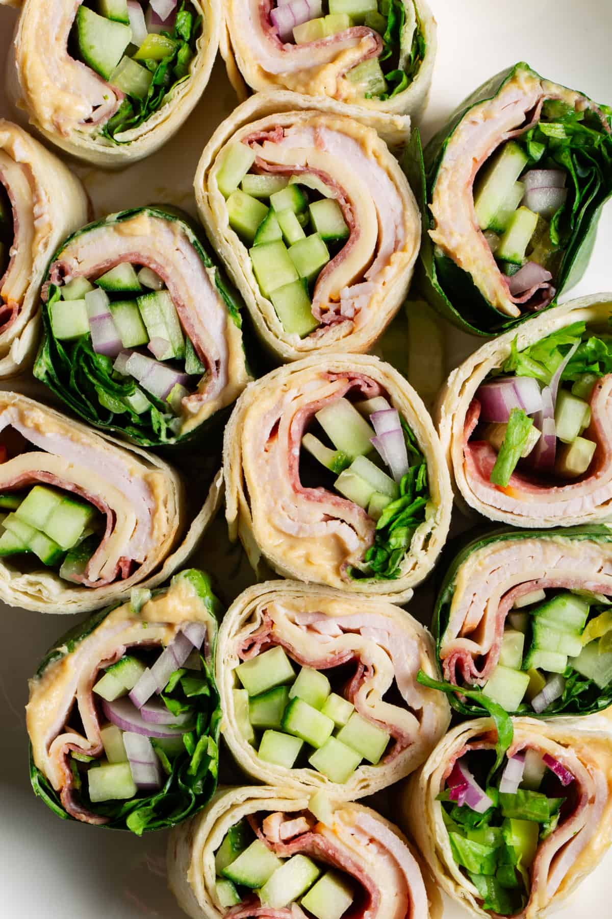 closeup overhead of pinwheel sandwiches.