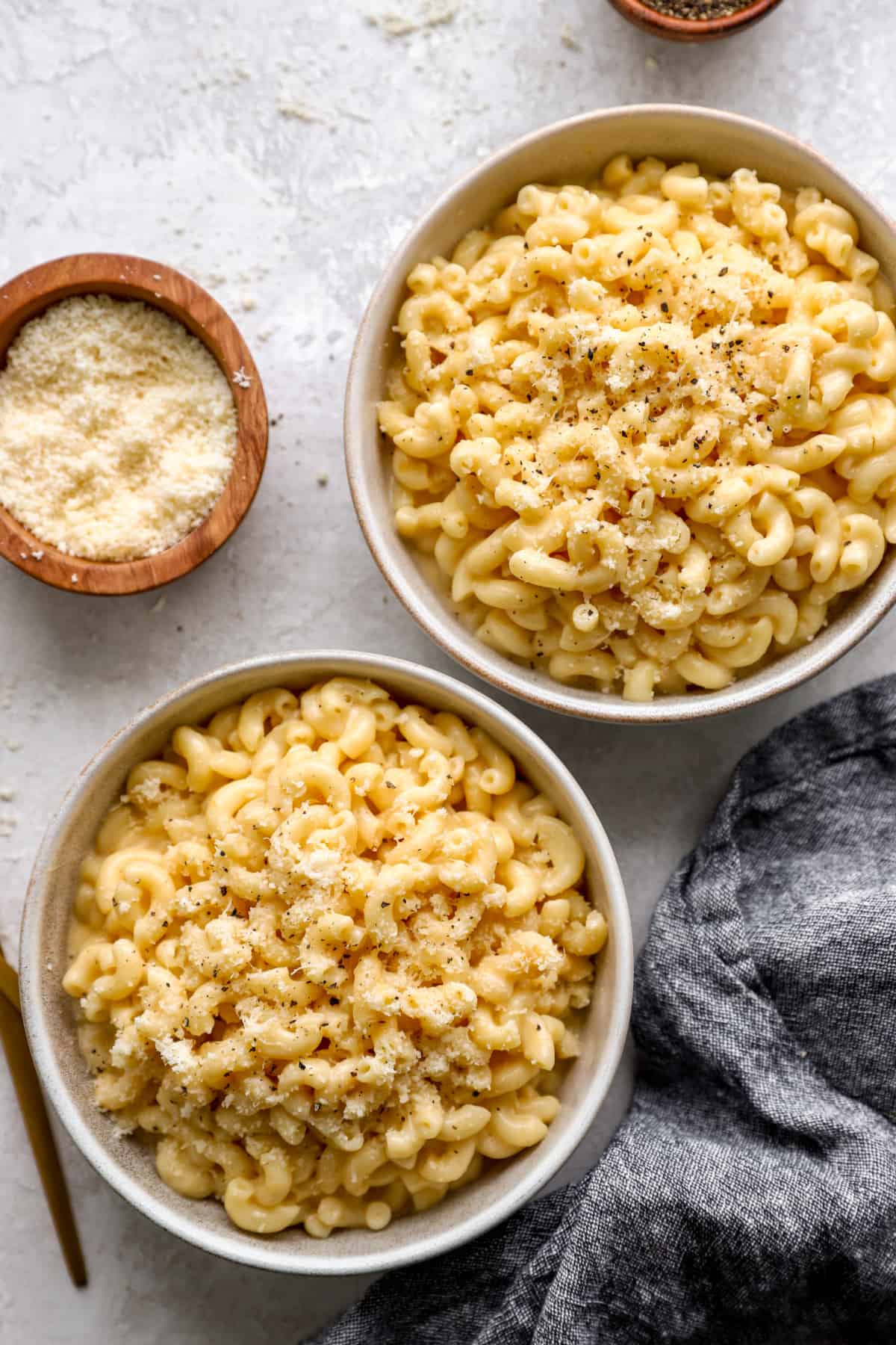Plated bowls of Mac and Cheese in the Instant Pot