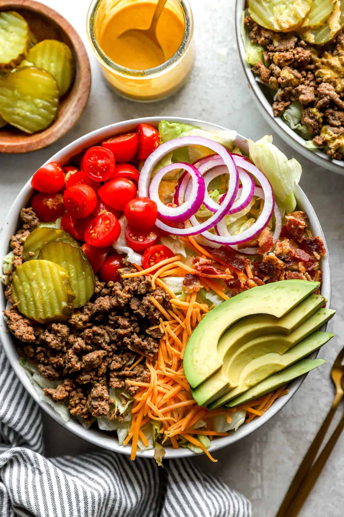 Overhead image of a cheeseburger salad.