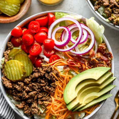 Overhead image of a cheeseburger salad.