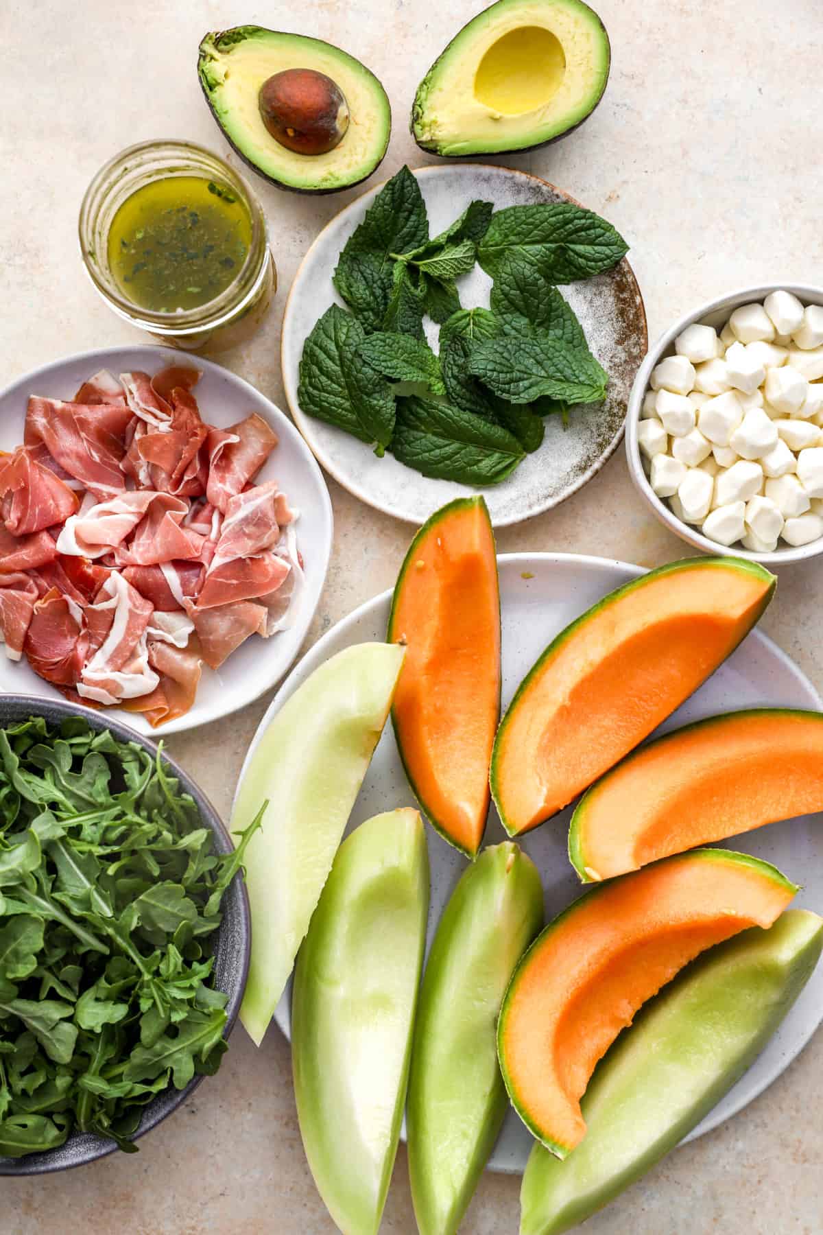 Melon and prosciutto salad ingredients. 