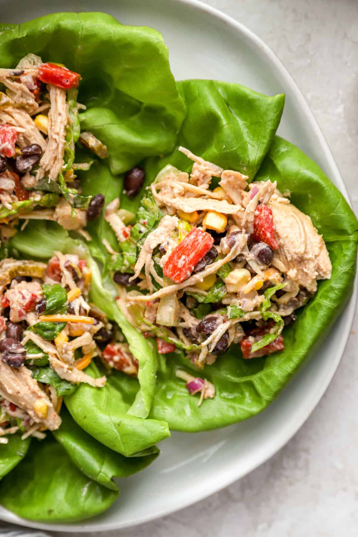 Close up image of chicken taco salad lettuce wraps. 