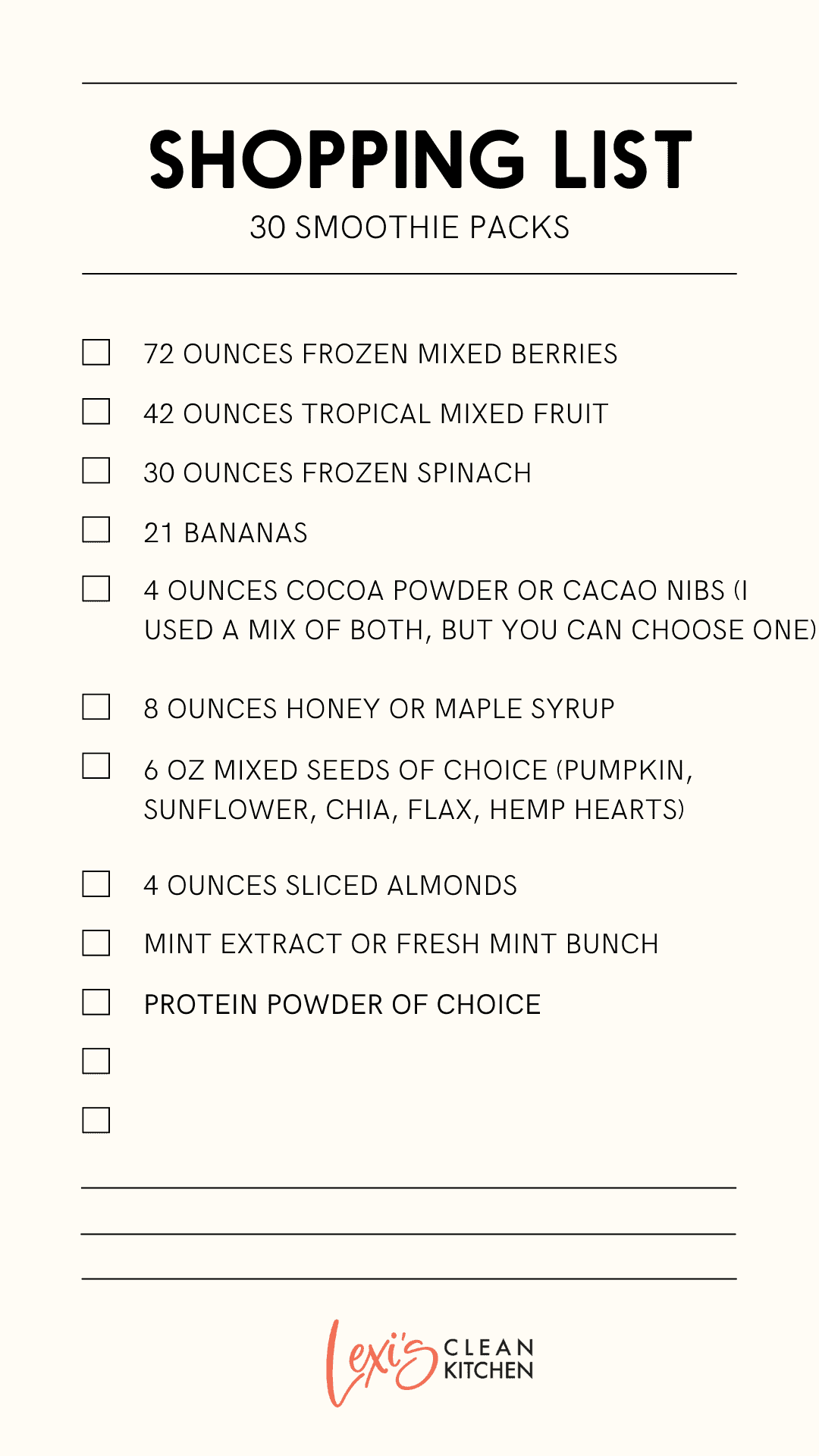 Smoothie freezer packs shopping list. 