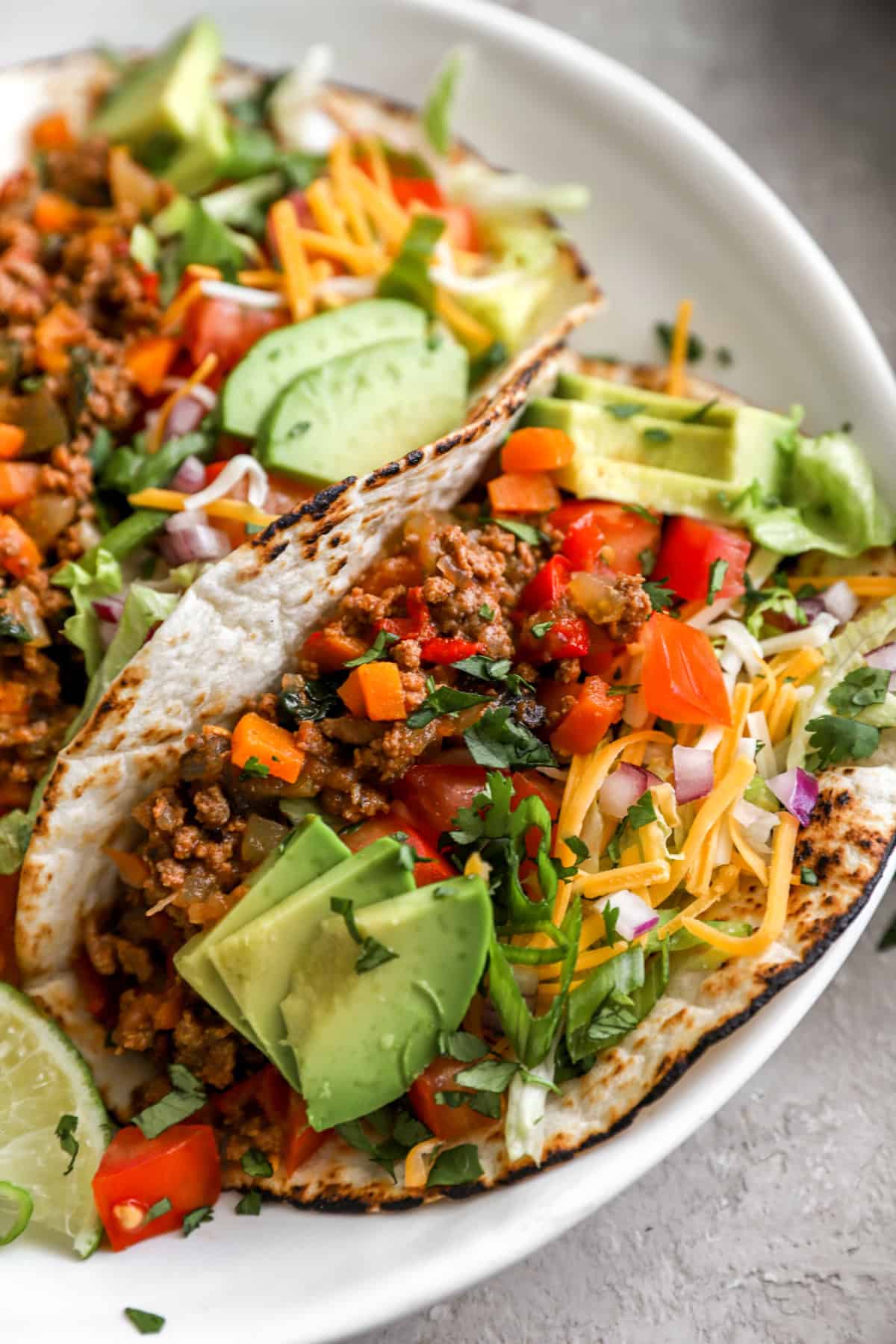 Close up of tacos made with Instant Pot taco meat. 