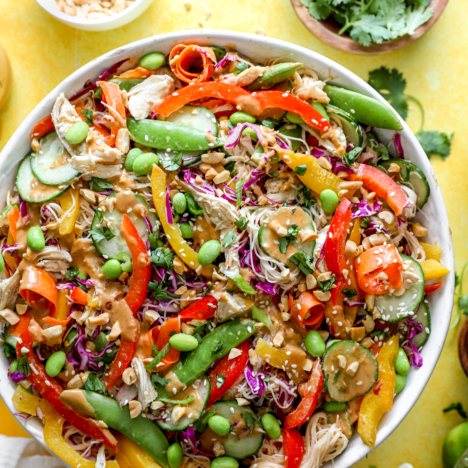 Easy and yummy bowl of asian noodle salad ready to serve a crowd.