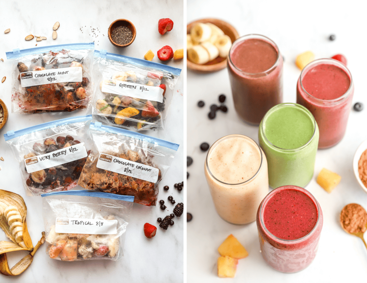 Five smoothie packs and five glasses of smoothies. 