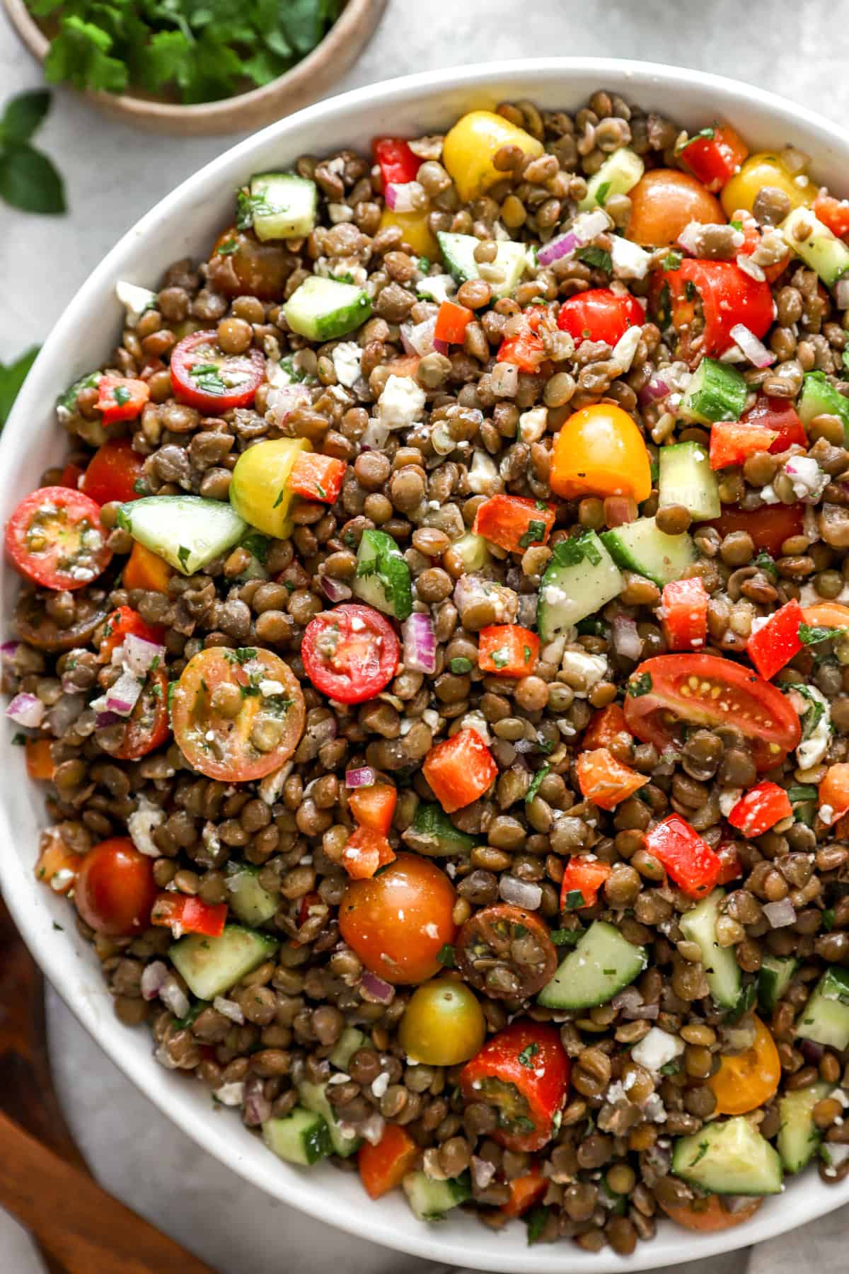 A bowl of Greek lentil salad.